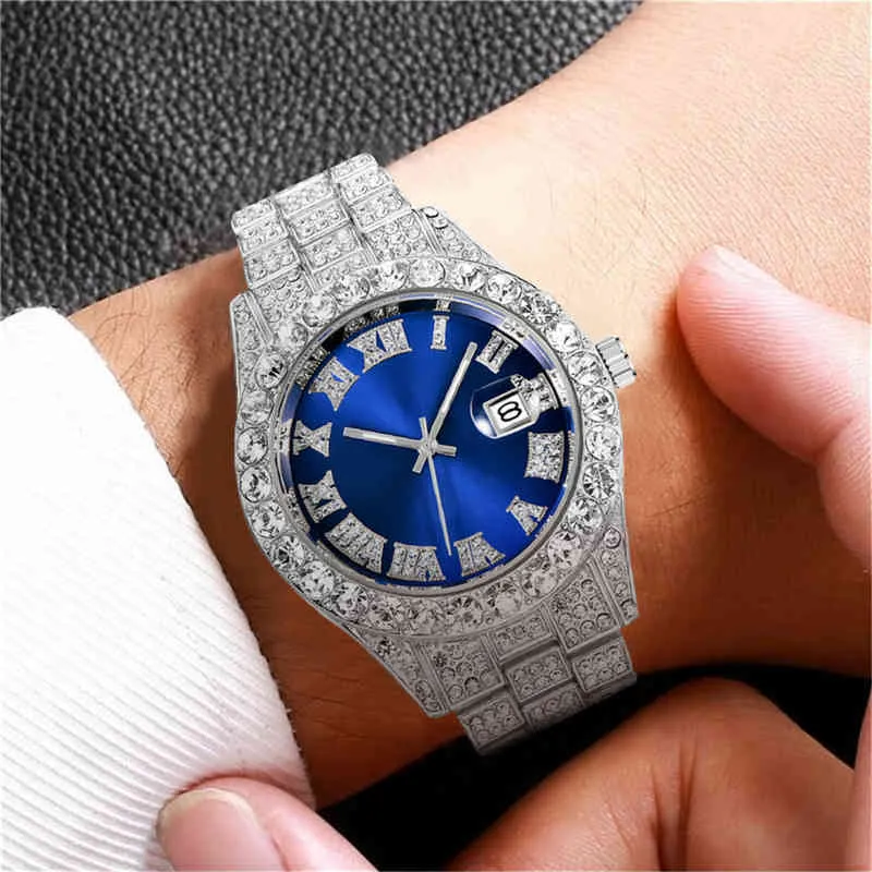 Iced Out Cubic Zirconia Relógios Rosto Azul Hip Hop Moda de Alta Qualidade AAA Pulseira de Diamante Relógio de Quartzo de Aço Inoxidável Para Men3097