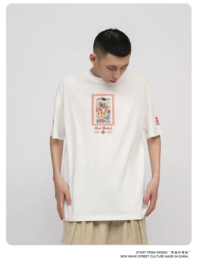 中国スタイルの短袖Tシャツメンズプリントファッションルーズヒップホップカップルトップス