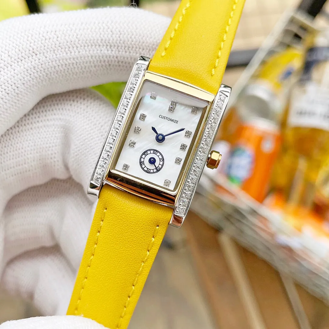 Célèbre femmes argent rectangulaire montre en acier inoxydable géométrique diamant montres dames en cuir jaune horloge à Quartz 33mm