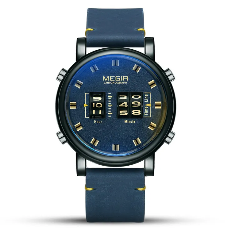 Megir personalidade design criativo rolo masculino relógio clássico pulseira de couro atmosfera fosco dial wearproof vidro cristal mineral 263g