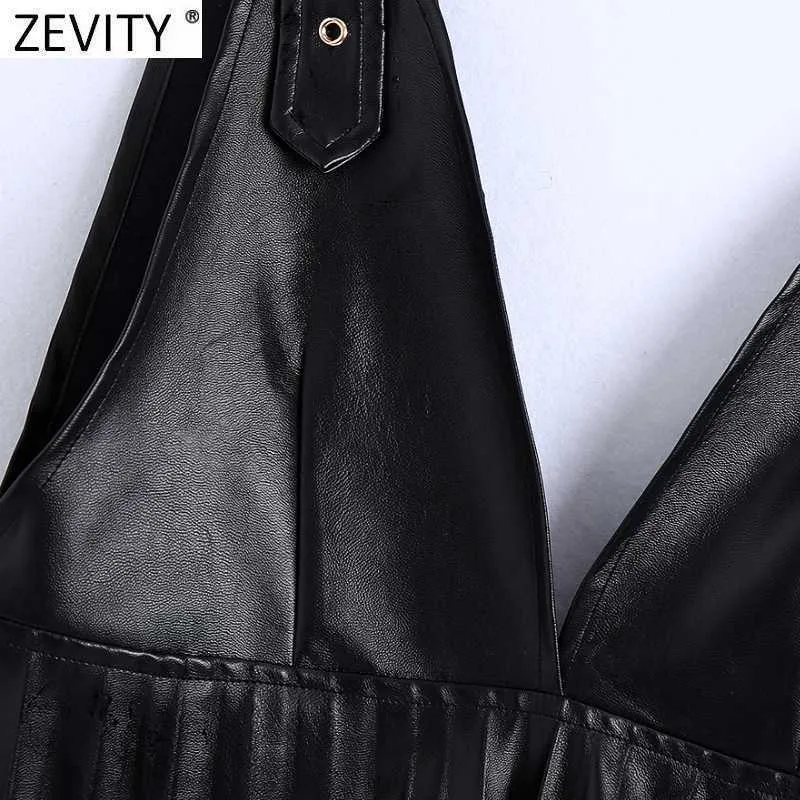 Zevity Donna Vintage Profondo Scollo a V Ecopelle Gilet a pieghe Gonna Cinghie regolabili Mini abito casual Chic Vestido Mujer DS4838 210603