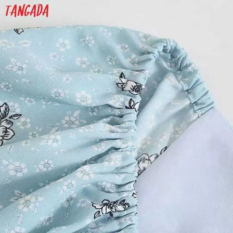 Tangada Summer Women Blue Flowers Stampa abito lungo stile francese Puff manica corta Ladies Sundress 3H435 210609