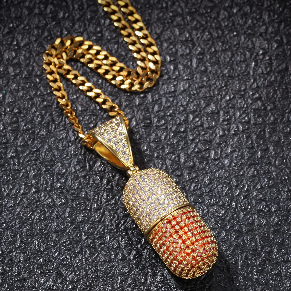 Hip Hop Bijoux Couleurs Pilules Pendante Collier Gold plaqué micro Pave Zircon pour les hommes Femmes Nice Fashion Gift Clubbing Rappeur A9388463