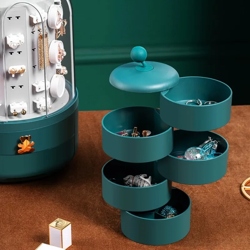 360 rotatif bijoux organisateur maquillage boîte de rangement boucle d'oreille anneau support d'affichage bureau anti-poussière type de tiroir boîte à bijoux en plastique 210315