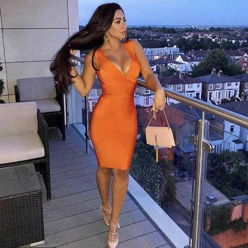 Sommer Frauen Verband Kleid Orange Tank Sexy Tiefem V-ausschnitt Ärmel Bodycon Club Promi Abend Party Vestidos 210527