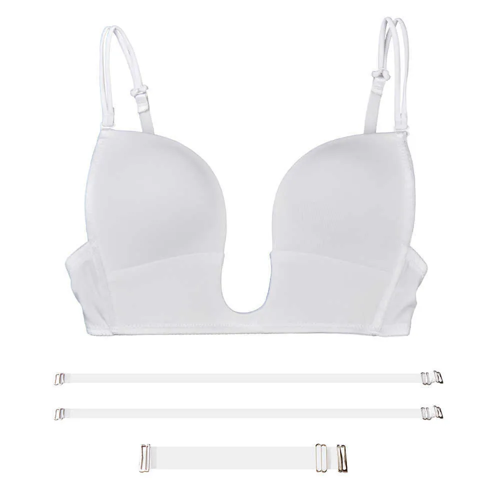 Verkauf von Frauen Weiß Push-up Hochzeitskleid BHs sexy Deep V transparente verstellbare umwandelbare Silikonträger Wireless-BHs 210623