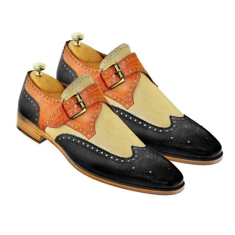 Männer PU-Lederschuhe Low Heel Casual Kleid Brogue Frühling Stiefeletten Vintage Classic Male HC741 210624