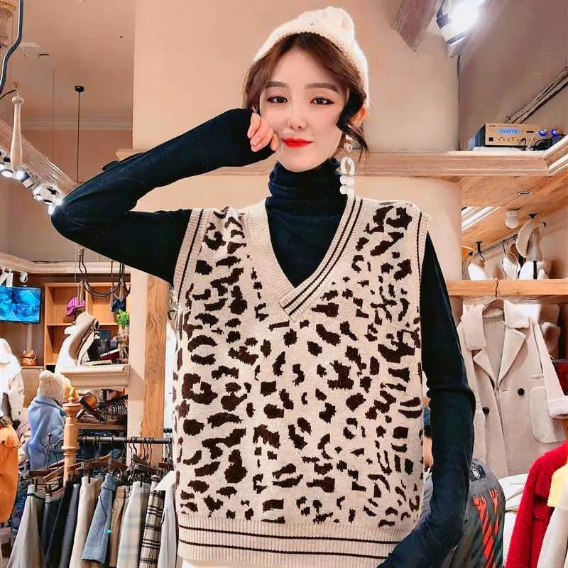 V-Neck Leopard wzór z dzianiny sweter kamizelka kobiety luźny moda bez rękawów krótki sweter sweter kamizelka kobieta wiosna jesień 211009