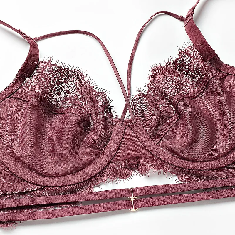 Bras Set para Mulheres Sexy Lingerie Lace Sheer Underwire Undline Estrappy Floral Pattern Womens Underwear Sutiã Transparente Para O Verão