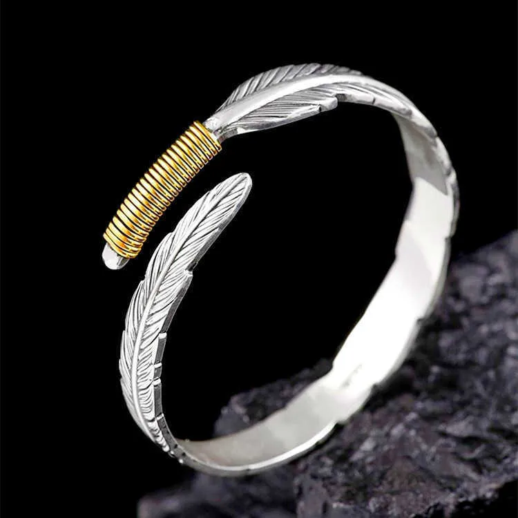 Vintage Feather Cuff Bangles För Män Kvinnor Två Tone Silver Plated Armband Bangle Mode Smycken Tillbehör Q0717