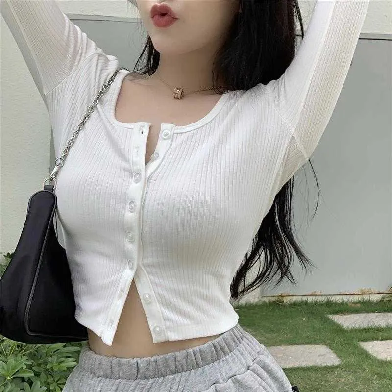 Lucyever Korean Cropped Cardigan pour les femmes Sexy Slim Fit Single-breasted Knit Ladies Pull solide à manches longues Crop Tops Femme 211018