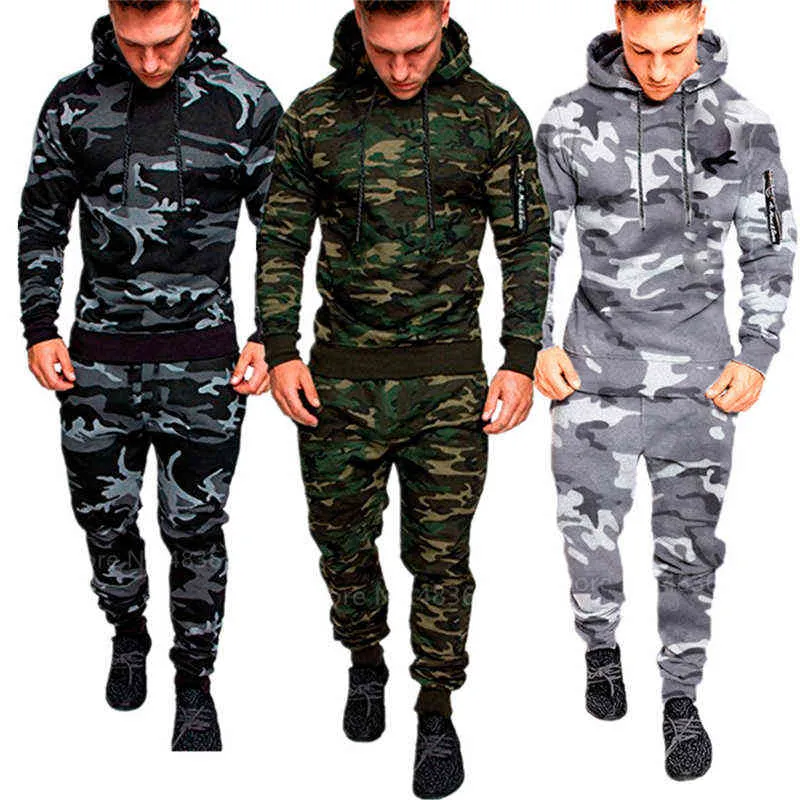 Autumn Mens Sets Camouflage Tracksuits Sets Tactical Combat Hooded Hoodies+Pants Sports Suit Man Sportswear Clothes G1217