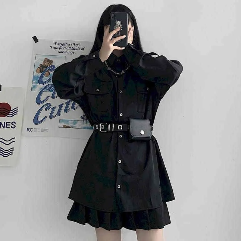 gotico punk camicia nera camicetta da donna Harajuku scuro allentato casual autunno utensili manica lunga studente tutto-fiammifero top 210308