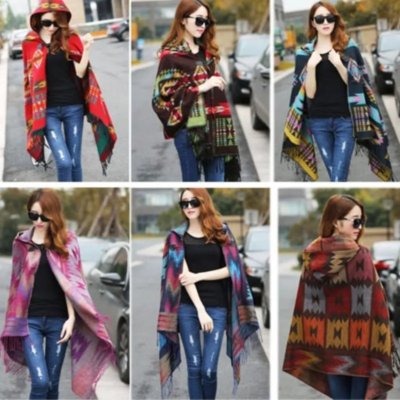 Fashion Women Winter Poncho Ethnic Printed oodie Cape Bohemia Acrylic Wool Shawl Scarf Ladies Sweater Fringe Hooded236u