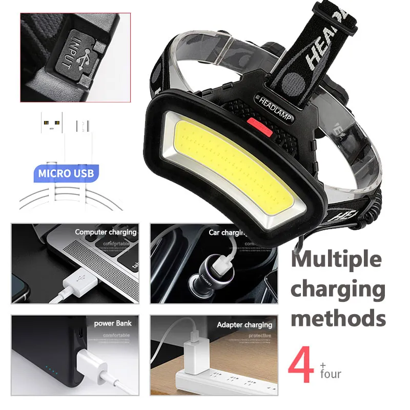 Hoofdlamp USB Oplaadbare LED-koplamp Koplamp Groothoek COB Head Lantern Light voor Outdoor Camping Wandelen