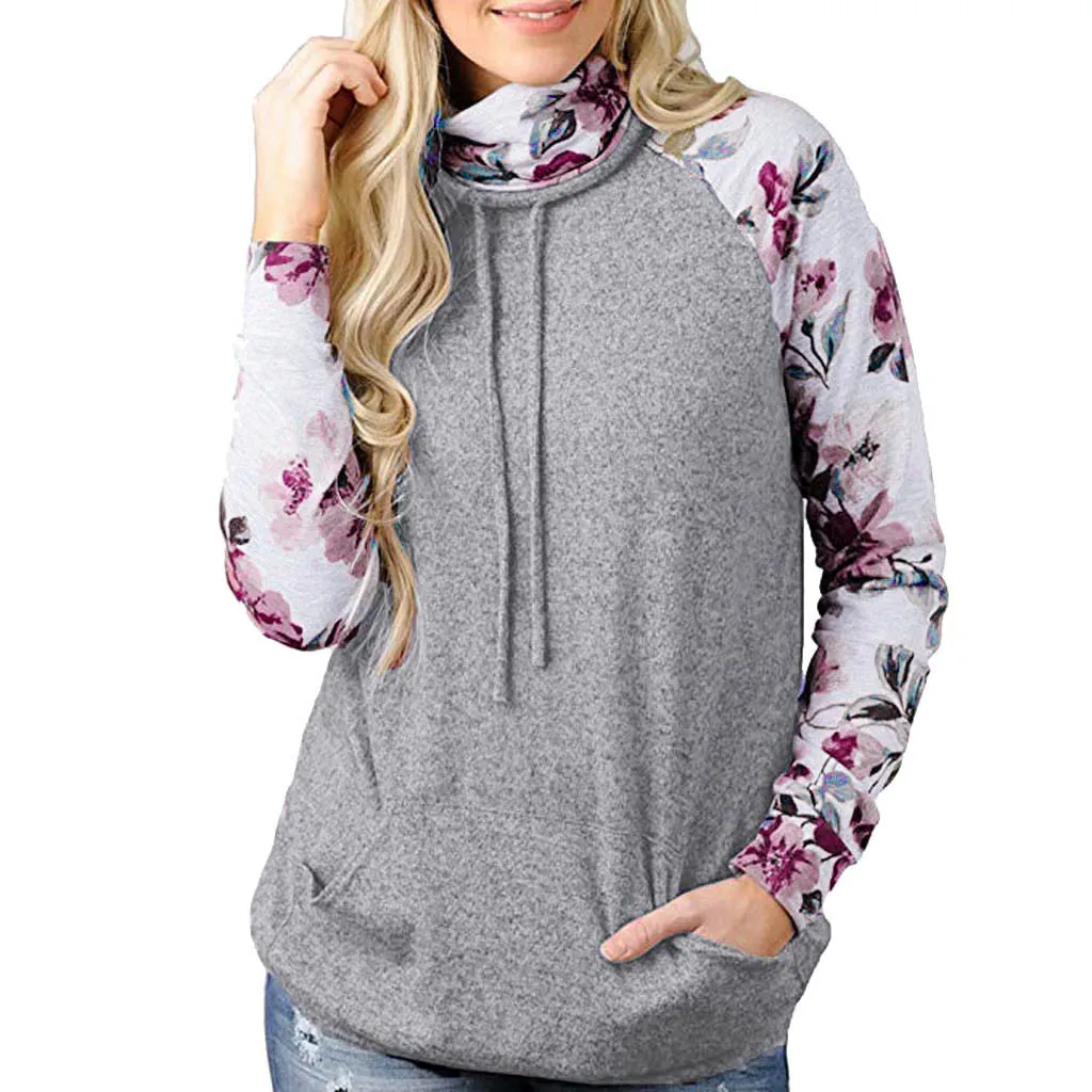 Women Turtleneck Hoodies sweatshirt floral patchwork plus size loose tops Ladies drawstring pullover running sports sweatshirts T200723