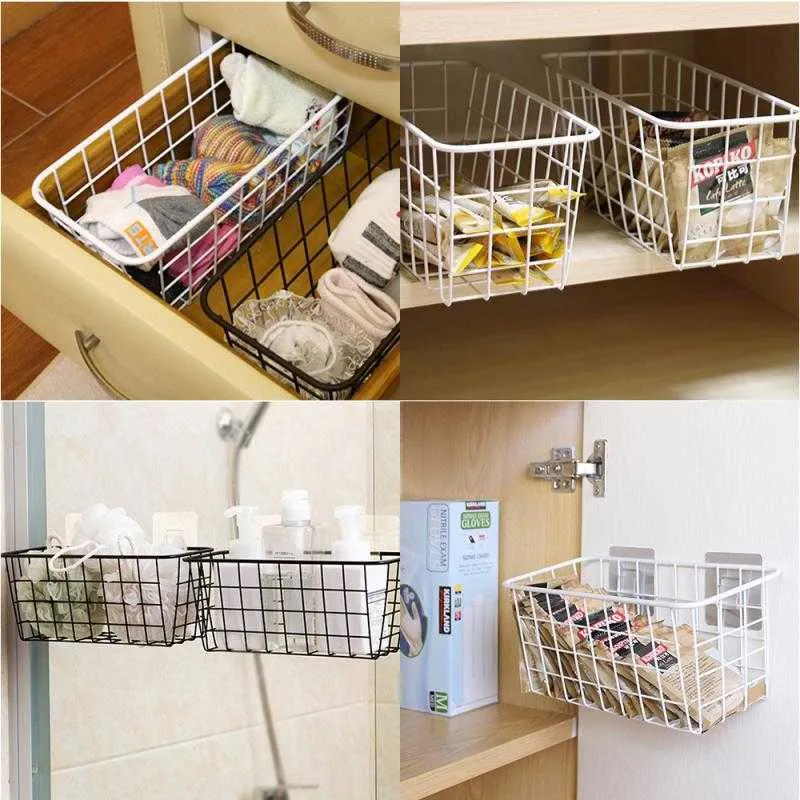 Nordic Style Grid Hanging Basket With Hook Wire Storage Rack Wrought Iron Kitchen Spice Desktop Storage Basket Bathroom TSLM1 210705