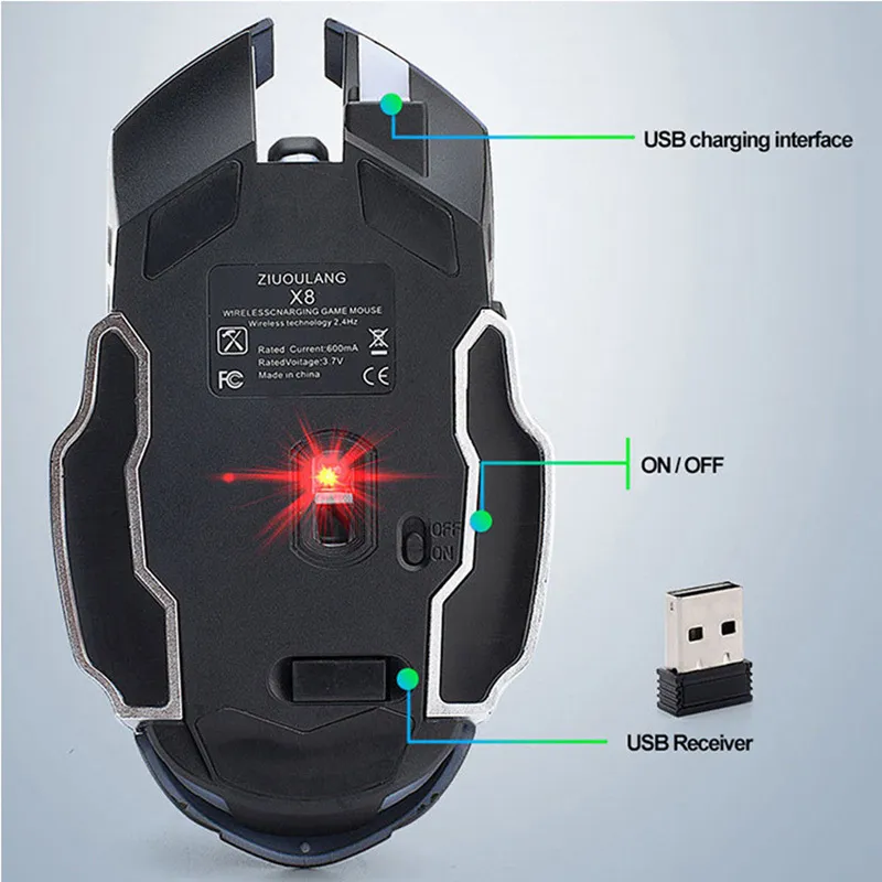 X8 Wireless Rechargeable Silent LED Backlit USB Optical Ergonomic Gaming LOL Mice Surfing Gamer Mouse PC