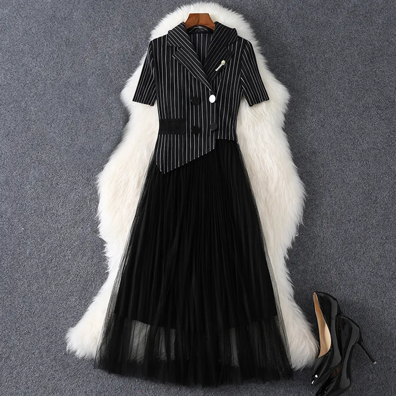 2021 Summer Short Sleeve Notched-Lapel Black Striped Tulle Panelled Pleated Double-Breasted Dress Elegant Casual Dresses XXL 21Q088B236239241242