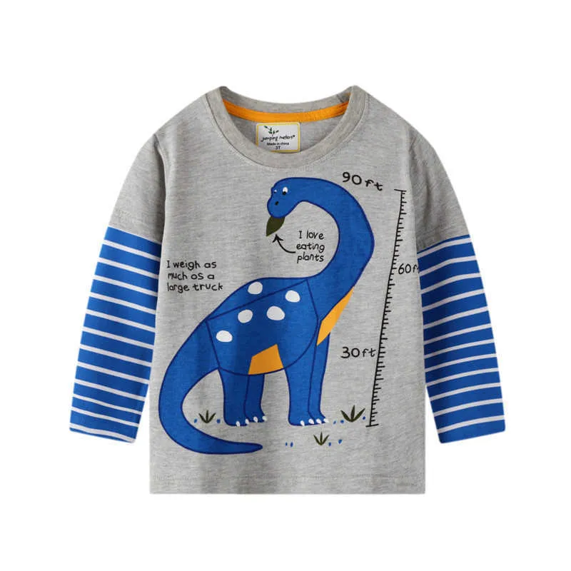 Hoppmätare Långärmad Dinosaurs T Shirts För Baby Höst Vår Kläder Bomull Stripe Animals Applique Boys Tjejer Topp Tees 210529