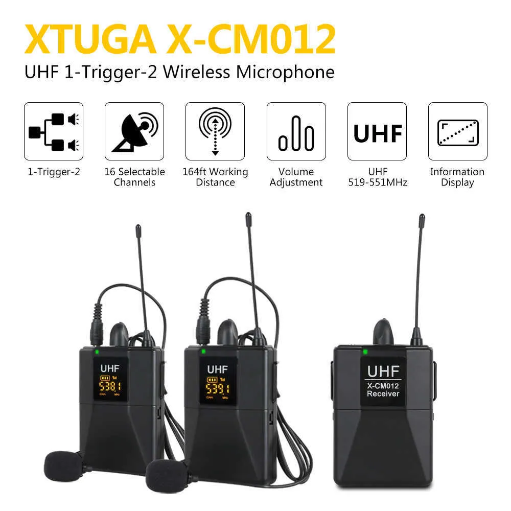XTUGA X-CM012 Doppio microfono lavalier wireless UHF, microfono fotocamera, sistema microfono bavero UHF con 16 canali selezionabili Portata fino a 164 piedi 210610