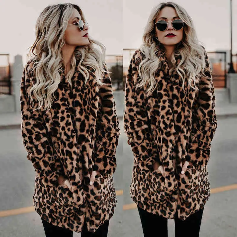 Luxury Fashion Leopard Long Teddy Bear Jackor Coats Kvinnor Vinter Tjock Varm Ytterkläder Faux Fur Coat Kvinna 211207