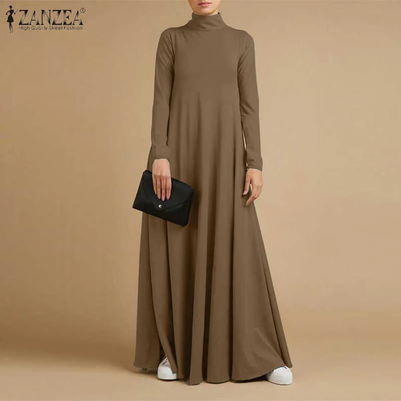 Autumn Turtleneck Long Sleeve Sundress Fashion Women Maxi Long Dress Baggy ZANZEA Elegant Solid Casual Vestido Kaftan Robe Femme X0521