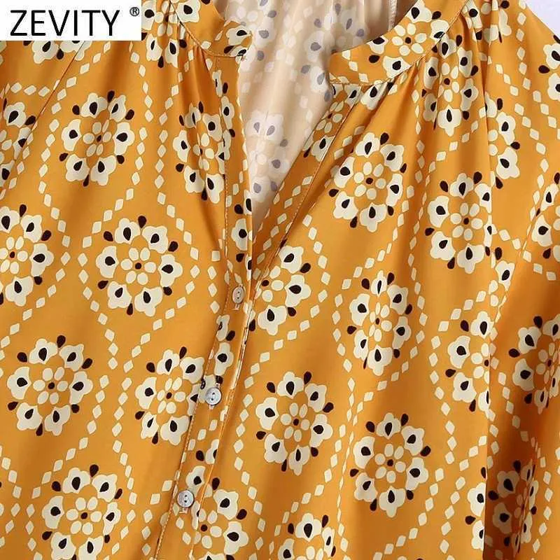 Zevity kvinnor vintage v nacke totem blommig utskrift sida split midi klänning kvinnlig singel breasted vestidos casual tröja klänningar ds8287 210603