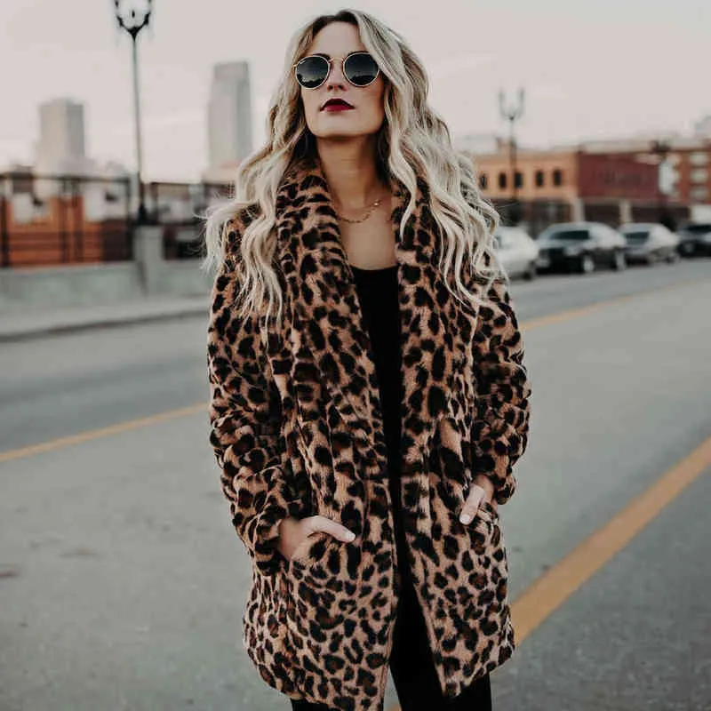 Luxury Fashion Leopard Long Teddy Bear Jackets Coats Women Winter Thick Warm Outerwear Faux Fur Coat Female 211207