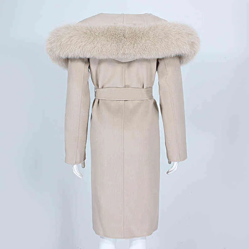 OFTBUY Echte bontjas Winterjas Dames Natuurlijke Kraag Hooded Cashmere Wol Mengsels Lange Bovenkleding Dame Streetwear 211110