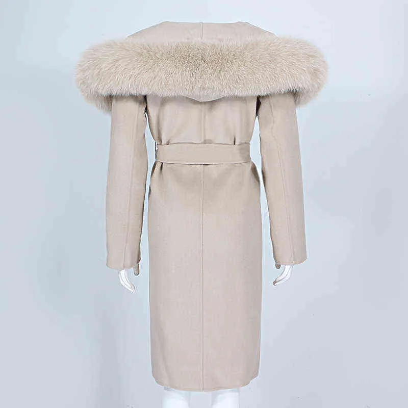 OFTBUY Real Fur Coat Winter Jacket Women Natural Collar Hooded Cashmere Wool Blends Long Outerwear Lady Streetwear 211110