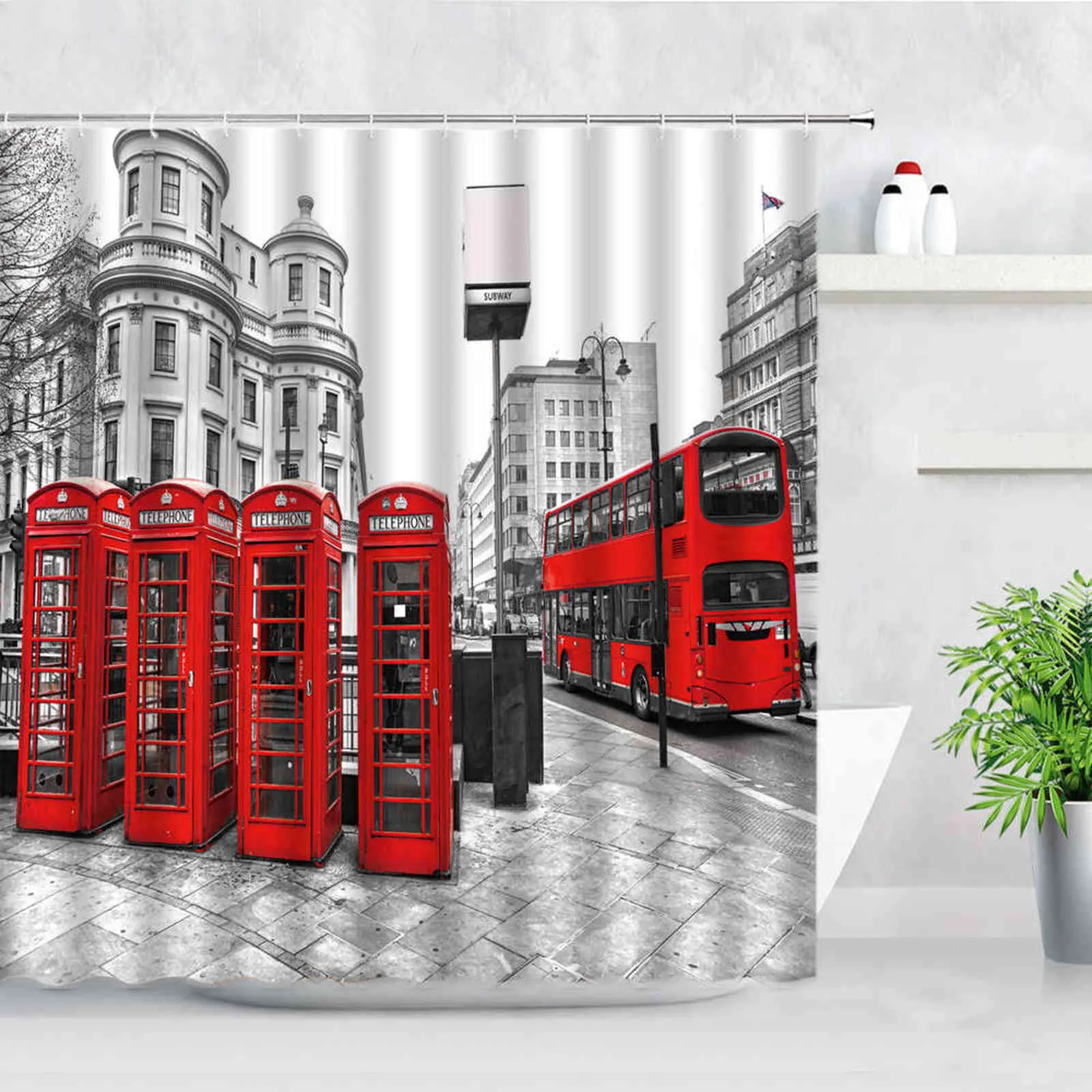 London Street View Prysznic Zasłony Big Ben Red Telefon Booth Druk Druk Retro Wall Decor Tkaniny Ekran Haki Łazienka Zestaw 211116
