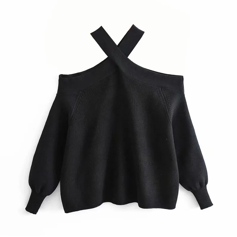 Élégant Halter sans épaule Pull Design extensible à manches longues Femme Chic Tops tricotés 210218
