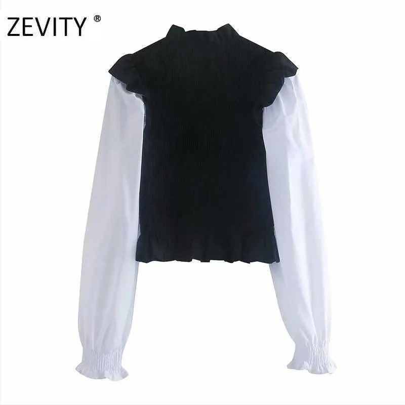 Zeefity Dames Vintage Puff Sleeve Patchwork Elastische Slanke Smok Blouse Office Dames Sweet Agaric Kant Chic Shirts Tops LS7157 210603
