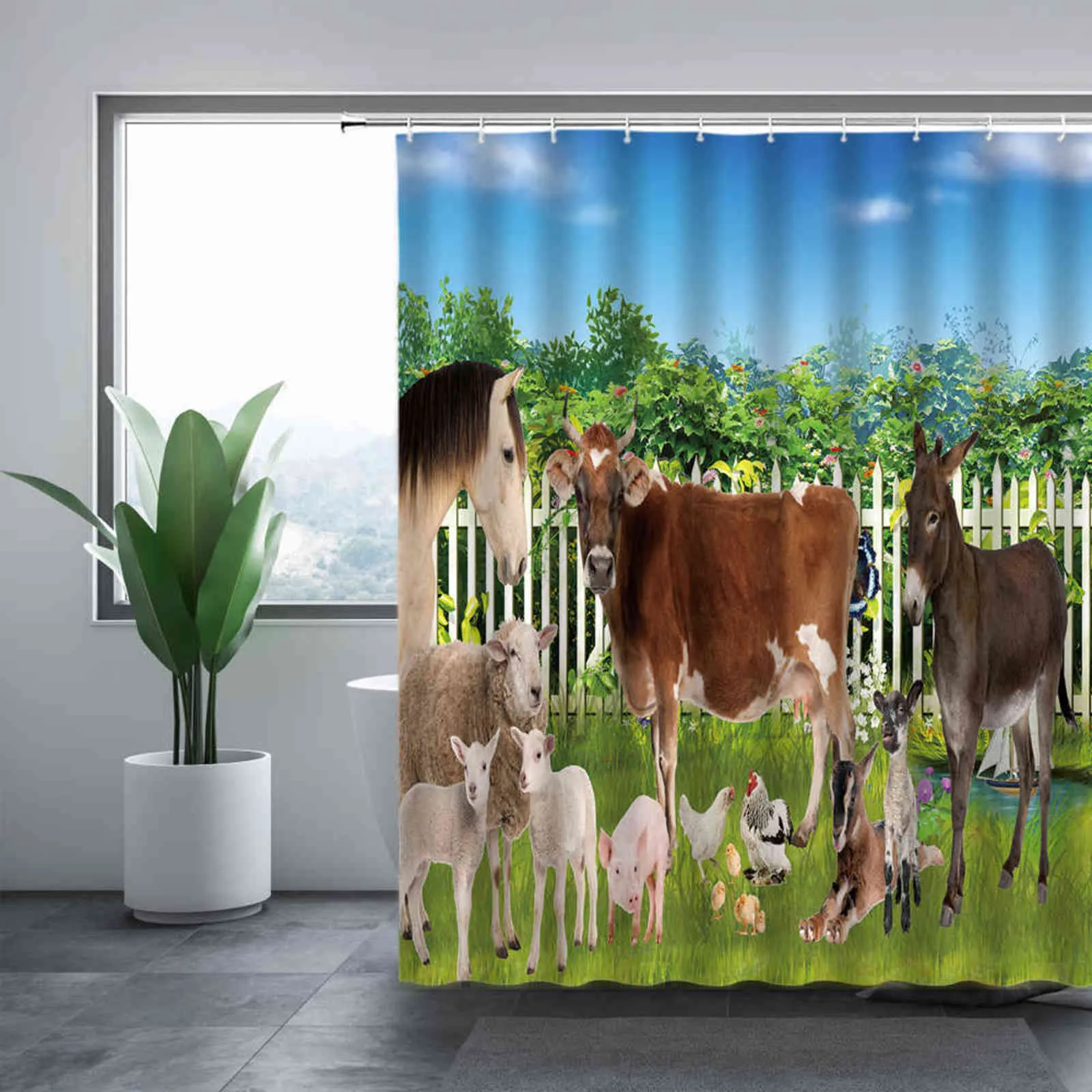 Rideau de douche lavable Highland Cow 3D Imprimer Tissu imperméable Faune Salle de bain Rideaux Animal Baignoire Décor avec crochets 211115