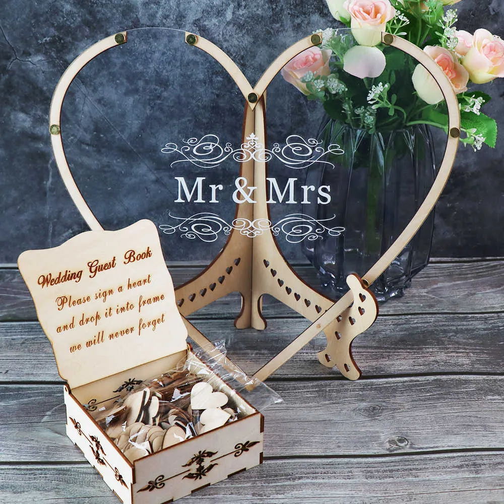 Forme de coeur livre d'or de mariage transparent décoration rustique doux coeur boîte de dépôt boîte de dépôt de mariage livre d'or 3D boîte en bois 210925