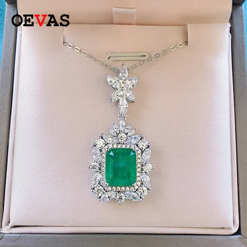 Oevas 100 925 prata esterlina 911mm esmeralda sintética pingente colar para mulheres espumante alto carbono diamante jóias finas 4762155