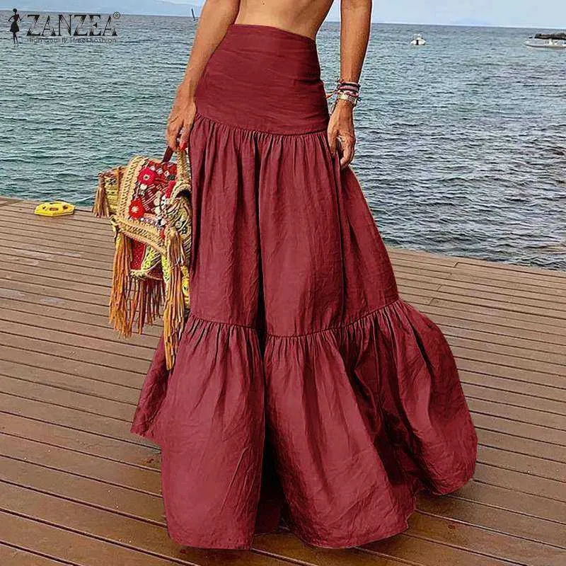 ZANZEA Donne Gonne Lunghe Casual Increspature Femminile Vintage Maxi Gonna In Cotone E Lino Abiti A-line Gonne Jupe Femme Streetwear Y0824