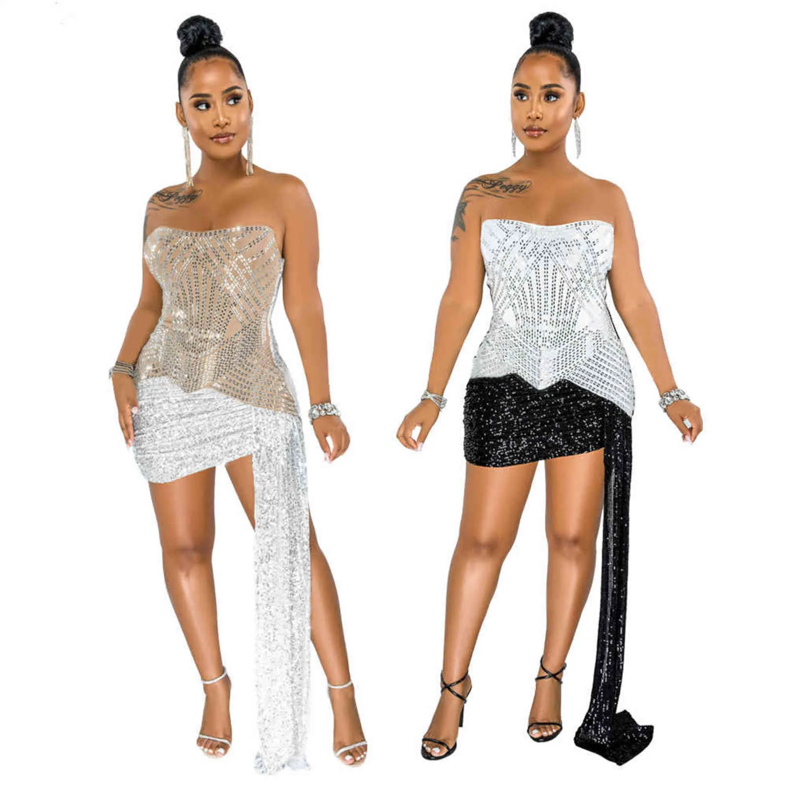 Slash Neck Robes Moulantes Paillettes Côté Split Sexy Summer Club Dress Retour Zipper Sans Bretelles Robes De Cocktail Pour Les Femmes Parti 211116