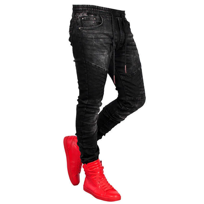 Mäns draped jeans byxor hip hop jeans slim män jogging mitten midja jeans mager hög elastisk penna ren färg långa byxor x0621
