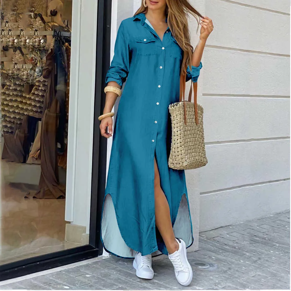 Cross-border women's lapel shirt dress solid color pattern printing fashion collection Y1006