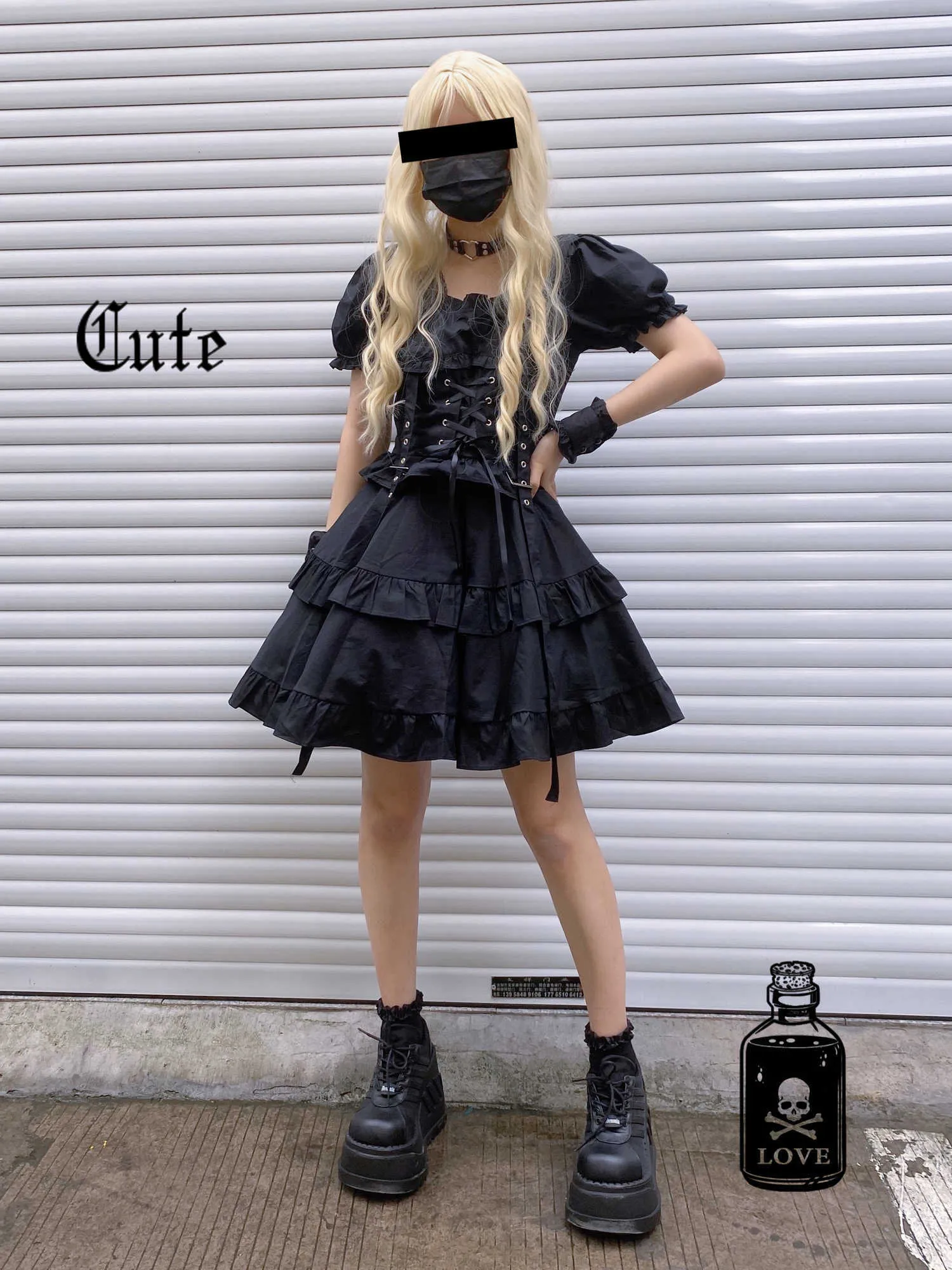 Japonais Summer Harajuku Soft Girl Dark Style Robes Vintage Col carré Puff Sleeve Bandage Sweety Ruffle Fluffy Dress 210623