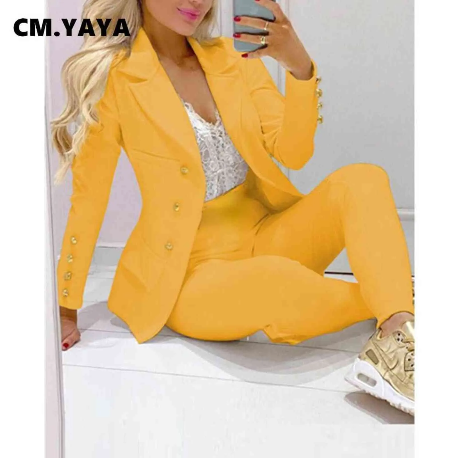 CM.YAYA femmes pantalons costumes solide simple boutonnage Blazers hauts + crayon deux 2 pièces ensembles bureau dame mode tenue automne 211105