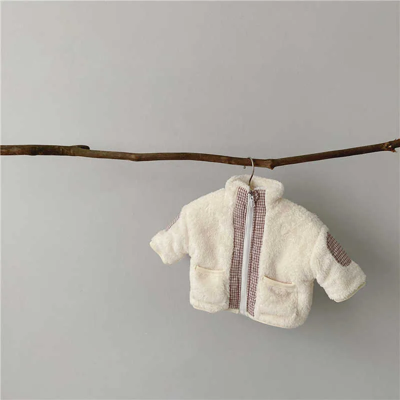 冬の赤ちゃんの厚い子羊ウールステッチの格子縞のジャケット韓国の暖かくて快適な外出服210625