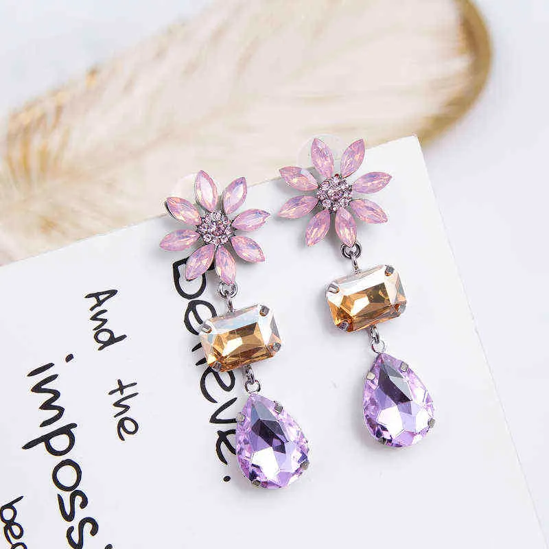 Korean Purple Rhinestone Love Heart Flower Dangle Earrings Long Water Drop Crystal Jewelry Pendientes For Women Fashion Brincos G220312