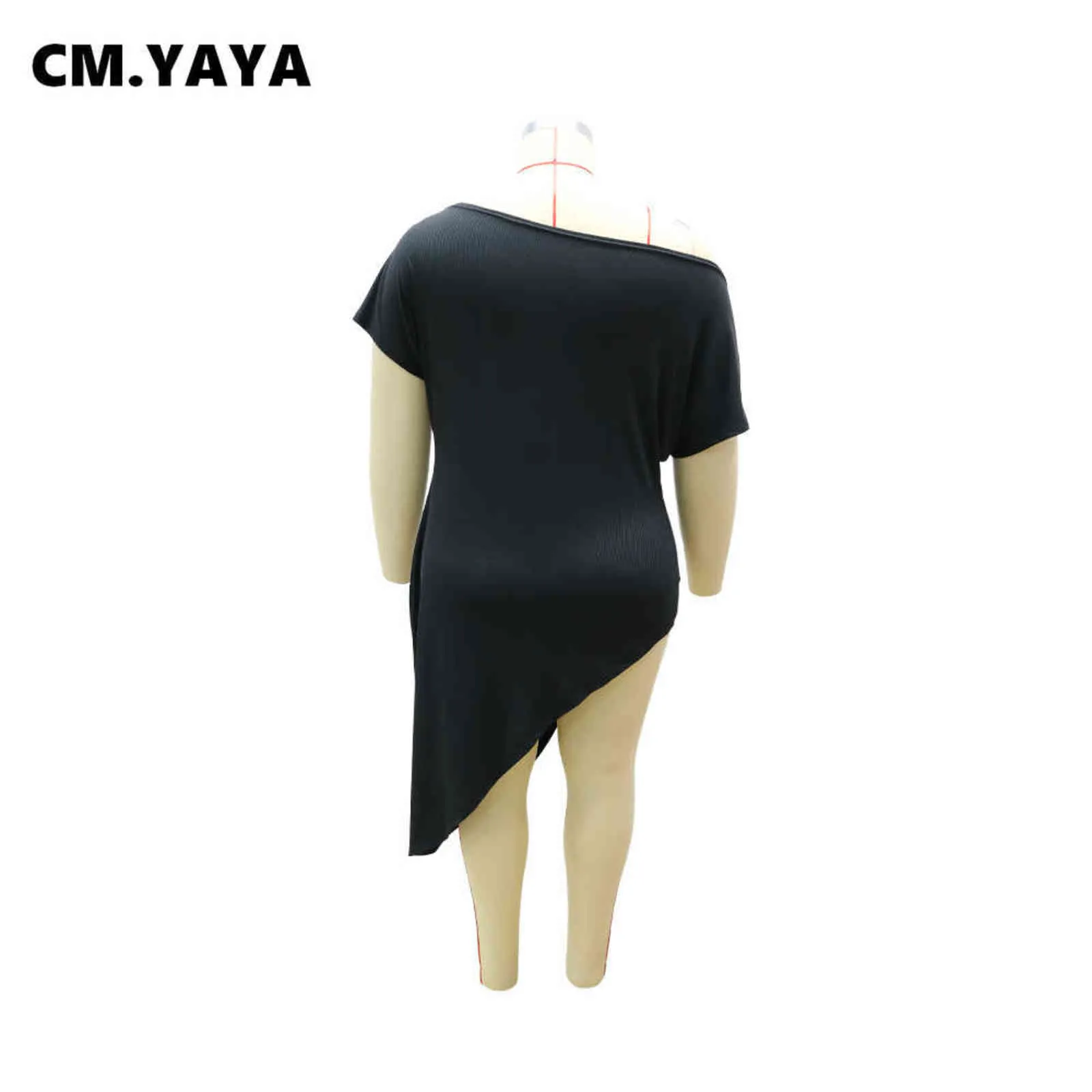 CM.YAYA Femmes T-shirts Plus La Taille L-5XL Solide Col Oblique À Manches Courtes Asymétrique Long T-shirts Femme Casual Street Top Tee 211116