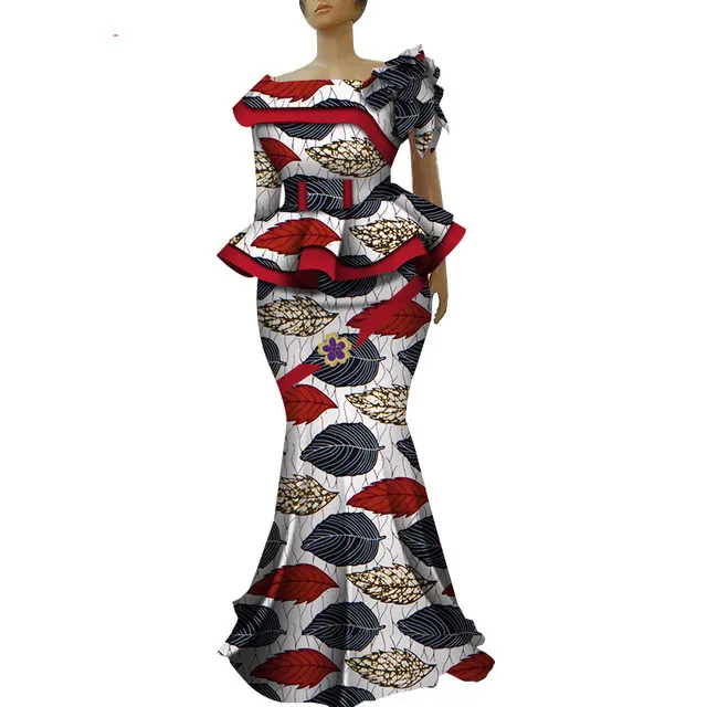 Afrikansk Ankara Skriv ut Kjol Set Unikt Handgjorda sjöjungfrun Kjol och Top Set Kläder Bröllop Gästklänning Kjol Plus Storlek WY5236
