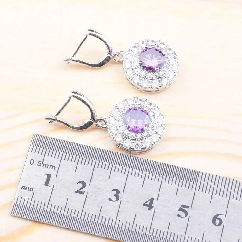 Verbazingwekkende paars kristal verzilverde sieraden set voor vrouwen met armband ketting hanger oorbellen ring H1022