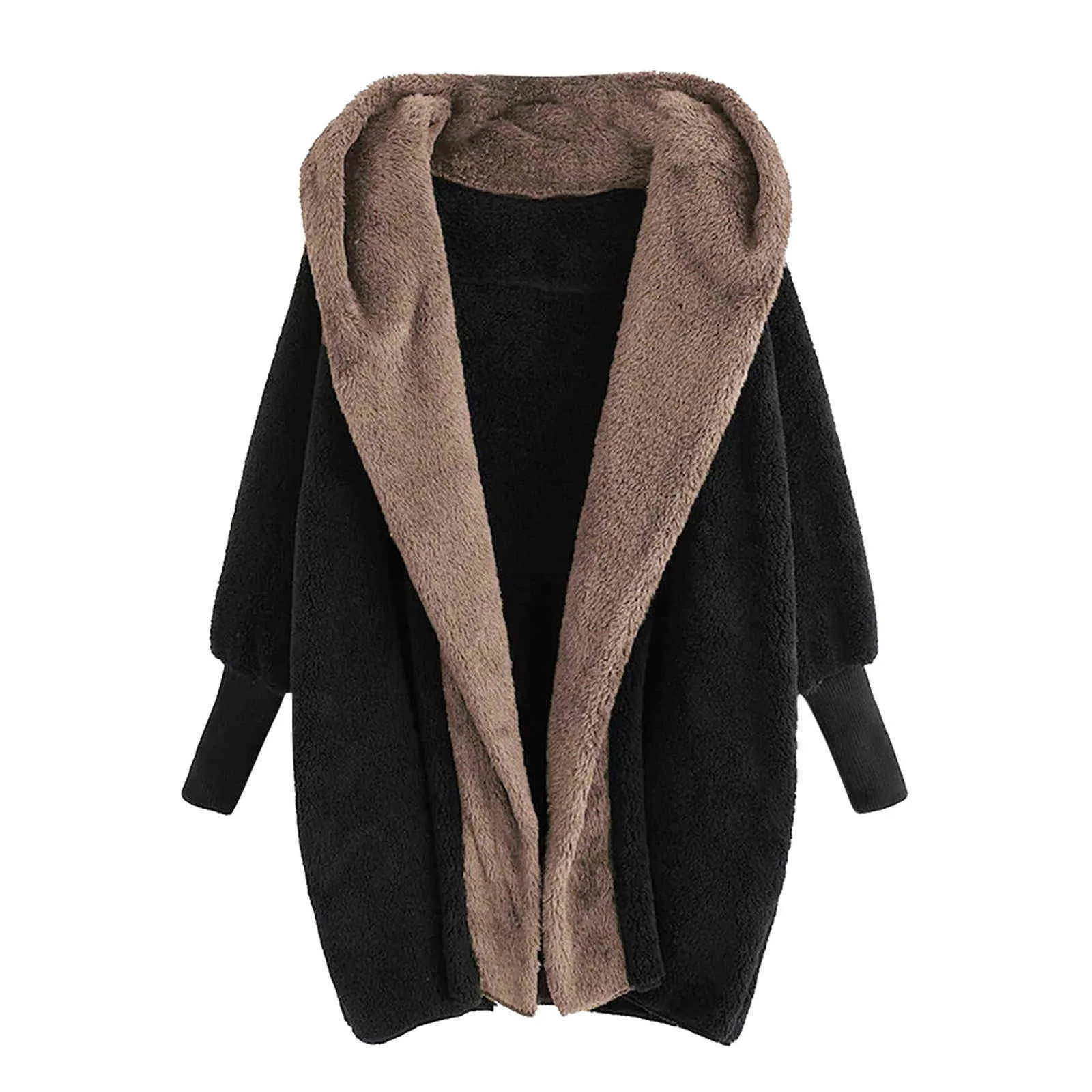 Vinter förtjockad varm ull Fleece Coats Kvinnor Långärmad Fake Fur Hooded Jackor Kvinna Fluffy Plush Loose Cardigan Overcoat 211126