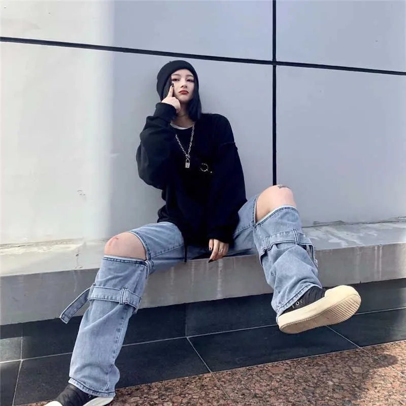 Streetwear gotico Jeans casual con cerniera rimovibile Baggy Vintage Denim a vita alta Harajuku Hip Hop Stile coreano Gamba larga larga 210629